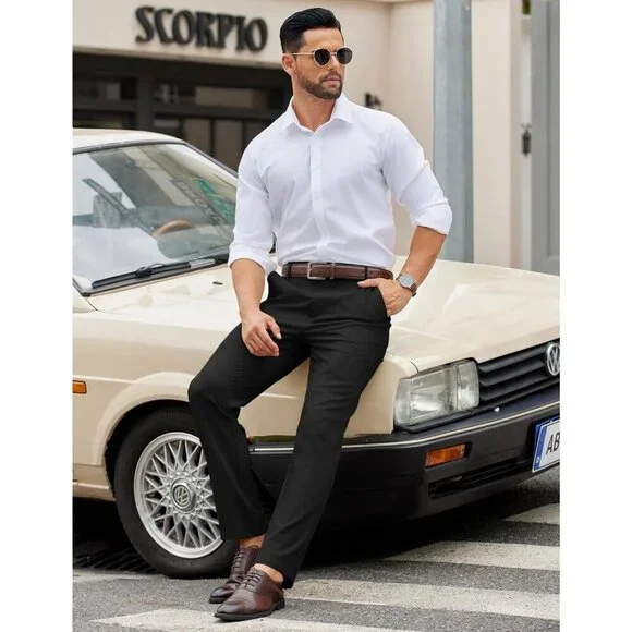 Coofandy Men Black Elastic Waist Business Dress Pants with Pockets